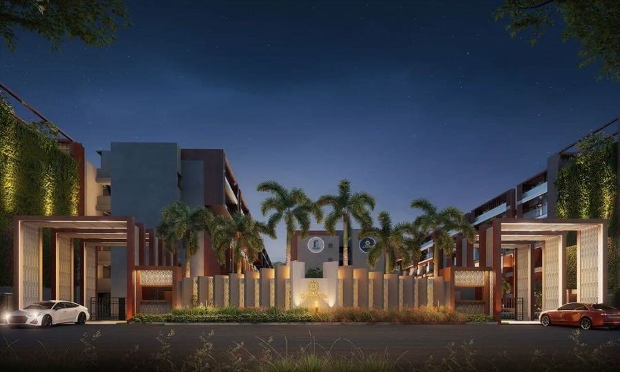 Lit entrance gateway and arrival court at SBR Global Queen's Ville, Kumbalgodu
