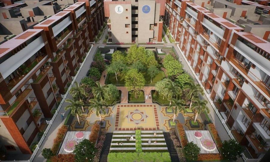 Aerial view of the central landscaped courtyard between the villament blocks