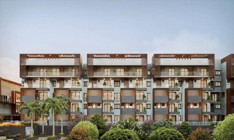 Villament block elevation with private balconies and terrace gardens