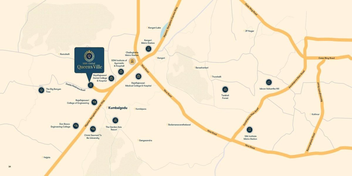 Neighbourhood map showing SBR Global Queen's Ville at Kumbalgodu relative to the Mysuru Expressway, NICE Road, Challaghatta Metro and Kengeri